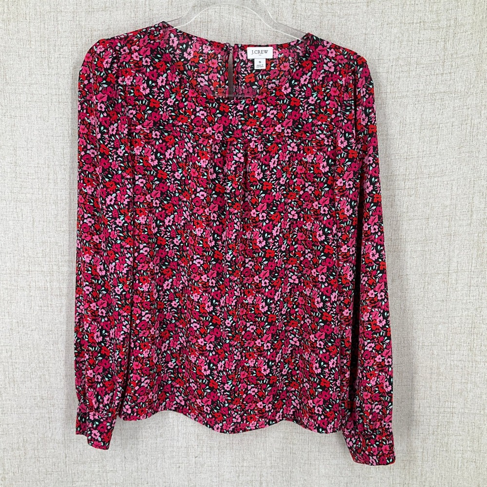 J.Crew Blouse Women Small Pink Red Floral Long Sleeve Back Zip Preppy Classic